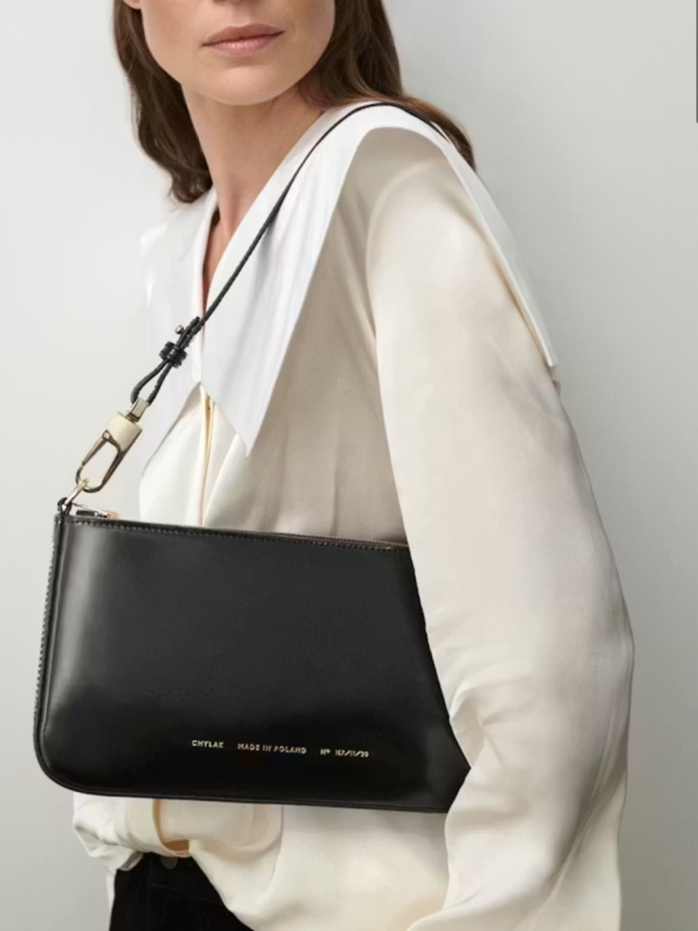 Chylak Black Leather Shoulder Bag with Gold Hardware